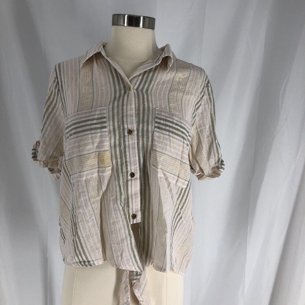 Michael Kors Gray Pastel & Gold Shirt blouse Button Front Tie Large